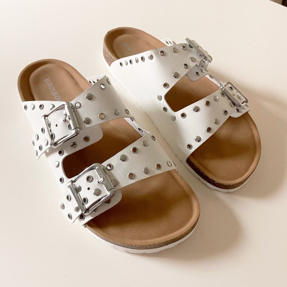 NEW Bamboo Double Strap Slide Sandals White With Silver Studs and Buckles - Sz 8